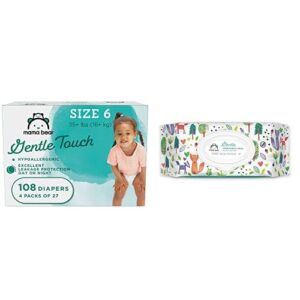 Amazon Brand – Mama Bear Gentle Touch Diapers, Hypoallergenic, Size 6, 108 Count (4 Packs of 27) & Gentle Fragrance-Free Baby Wipes, Hypoallergenic 100 Count (Pack of 8), Shipped Separately