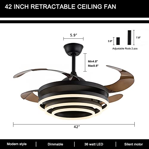BeiseYu 42 ” Retractable Ceiling Fan, Dimmable Silent Ceiling Fan Light, 3 Speed Ceiling Fan Retractable Blades, Ceiling Fan with Lights Remote Control for Living Room Bedroom | The Storepaperoomates Retail Market - Fast Affordable Shopping