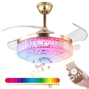 42 Inch Fandelier Ceiling fan Light with Remote,Retractable Bluetooth Ceiling Fan Chandelier 6 Speed,Modern Pendant Lighting Fixture for Living Room/Kitchen,Gold