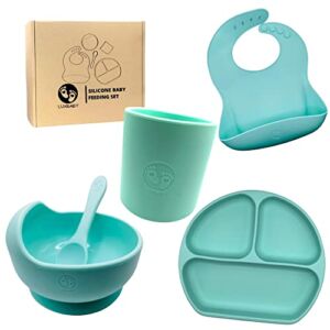 LUXBABY- Baby And Toddler Feeding Set – 5 Piece Silicone Set – bib – Divided Plate – Bowl – Spoon – Cup . (BABY BLUE)