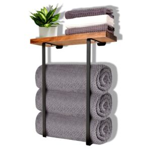 Towel Rack Holder for Bathroom Wall Mounted,Metal Towel Holders with Wooden Shelf,Black Minimalist Design Storage Organizer for Large Towels, Small Towels, Washcloths, Hand Towels,Spa, Salon, RV