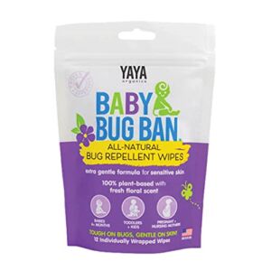 YAYA ORGANICS BABY BUG BAN Insect Repellent Wipes – All-Natural, DEET-Free, Non-Toxic, for Babies, Kids, Pregnant and Nursing Moms and Sensitive Skin (12 count, pack of 1)