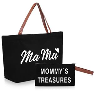 2 Pcs Mommy Bag for Hospital Mama Tote Bag with Pouch Mother Canvas Diaper Bag Mom Tote Hospital Bag for Labor and Delivery Mother’s Day Gifts (Black)