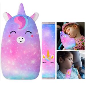 Seat Belt Cushion, Unicorn Car Seat Strap Covers Kit Soft Seatbelt Covers for Kids Adjust Carseat Straps Covers for Children Baby Boys Girls Travel Rainbow