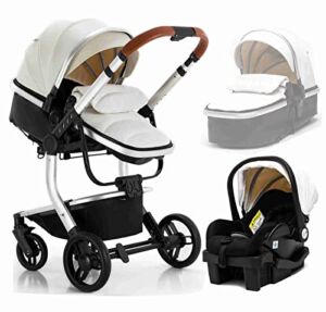 Jiaj Car Seat and Stroller Combo for Boys Girls PU Leather Baby Stroller with Base Baby Stroller with Removable Bassinet Full Size Stroller Pram Mode for Newborn Gifts (Color : White)