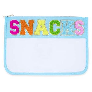 Fablinks Clear Zipper Pouch for Women with Chenille Letter Patch, Travel Snacks Bag for Teen Girls, Aesthetic Storage Organizer Pouches (SNACKS-Aqua)