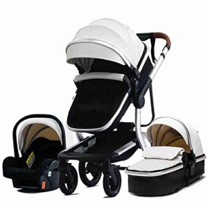 RULING Baby Stroller and Seat Combos Infant Bassinet Travel System Set Baby Stroller Carriage 3 in 1 Baby Buggy for Girl Boy PU Leather All Terrain High View Pram for Toddlers 1-3 (Color : White)