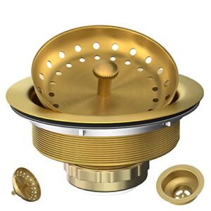 EXAKEY Kitchen Sink Drain Assembly – Brushed Gold Sink Drain Strainer with Fixed Post 3-1/2 Inch, Kitchen Drain with Strainer Basket and Drain Stopper for Standard Kitchen Sink Stainless Steel Matte