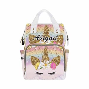 Custom Unicorn Shoulder Diaper Bag with Name Personalized Golden Glitter Floral Pattern Mommy Backpack, Large Capacity Laptop Bag for Adult Women New Term Gift for Girl