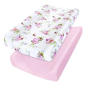 Changing Pad Covers for Girls 2 Pack, Lovely Print Soft Diaper Change Table Sheets, Fit 32″x16″ Contoured Pad, Comfy Cozy 2-Pack Cradle Sheets,Floral