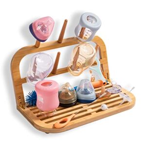 Cococar Bamboo Baby Bottle Drying Rack, Space Saving Countertop Baby Bottle Rack Dryer, Bamboo Baby Bottle Holder, Water-Resistant Travel Drying Rack for Baby Bottles Accessories, Cups, Pacifiers