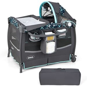 INFANS Baby Pack and Play, Portable Nursery Center with Bassinet Crib Mattress, Changing Table, Infant Foldable Playard with Removable Canopy, Lockable Wheels, Glowing Music Box, Storage Bag (Blue)