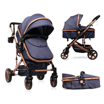 COLOR TREE 2 in 1 Baby Stroller, High Landscape Infant Stroller, Newborn Reversible Bassinet Pram, Foldable Pushchair with Foot Cover, Cup Holder, Safety Wrist, Net (Navy Blue) | The Storepaperoomates Retail Market - Fast Affordable Shopping