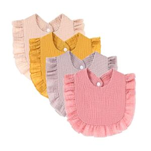 4 PACK Solid Muslin Baby Drool Bibs Set for Unisex Boys Girls Cotton Adjustable Teething Feeding Drooling Bibs (Pink Set)