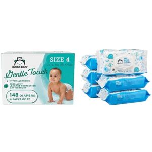 Amazon Brand – Mama Bear Gentle Touch Diapers, Hypoallergenic, Size 4, 148 Count (4 Packs of 37) & 99% Water Baby Wipes Hypoallergenic, Fragrance Free,72 Count (Pack of 6), Shipped Separately