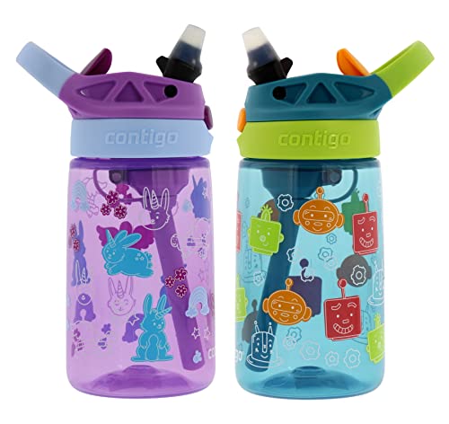 Contigo 14 oz Kids Plastic Water Bottle with Straw Lid, 2 Pack – Purple Bunnicorns and Blue Friendly Bots | The Storepaperoomates Retail Market - Fast Affordable Shopping