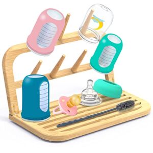 ANDIMEI Bamboo Baby Bottle Drying Rack with Bottle Cleaning Brush,Space Saving High Capacity Baby Bottle Dryer Holder, Water-Resistant Travel Drying Rack for Bottles, Teats, Cups, and Accessories