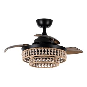 Parrot Uncle Ceiling Fans with Lights and Remote Black Retractable Ceiling Fan with Light Wood Beaded Bohemia Chandelier Fan, 36 Inch