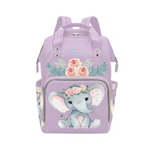 Flowers Cute Elephant Purple Diaper Bags Personalized Backpack Travel Customized Name Women Girls Handbag Knapsack Tote Bag