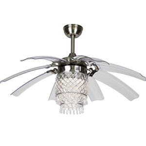 SWLKJ Crystal Ceiling Fan Light, Creative Design 42” Chandelier Fan with 8 Foldable Leaves, Outdoor Ceiling Fans Remote Control 3 Colors 3 Speeds Timing Function
