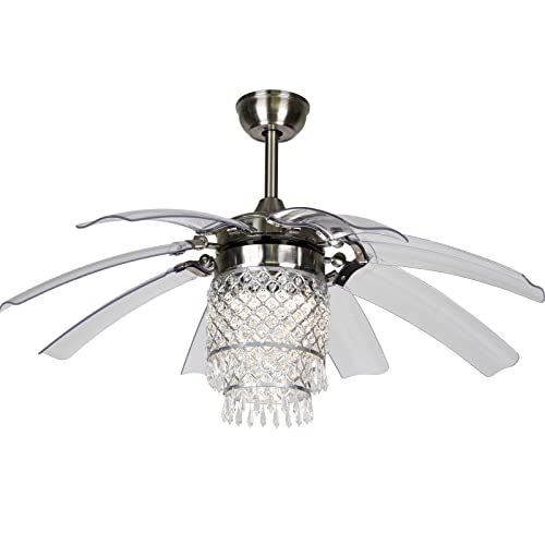 SWLKJ Crystal Ceiling Fan Light, Creative Design 42” Chandelier Fan with 8 Foldable Leaves, Outdoor Ceiling Fans Remote Control 3 Colors 3 Speeds Timing Function | The Storepaperoomates Retail Market - Fast Affordable Shopping