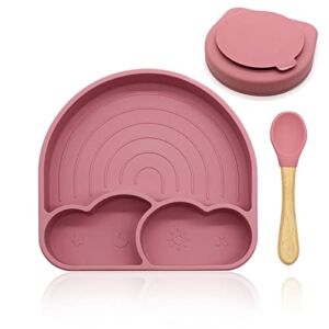 Baby Plates with Suction, Toddler Feeding Plates, Toddler Dishes 3 Divided Rainbow Design, Self-Feeding Spoon Flatware Set, Food Silicone BPA Free, Microwave, Dishwasher Safe, Oven Safe (Dark pink)