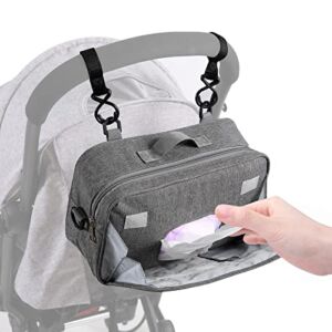 Small Diaper Bag Stroller Bag Diaper Organizer Caddy for Diapers with Insulated Pocket, Stroller Straps and Adjustable Shoulder Strap,Universal Fit Most Strollers, Gray