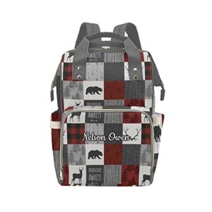 Faux Patchwork Forest Deer Gray Personalized Diaper Backpack with Name,Custom Travel DayPack for Nappy Mommy Nursing Baby Bag One Size