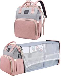 Diaper Bag Backpack, Baby Bag Diaper Bag with Changing Station & Toy Bar, Baby Girl Boy Diaper Bag for Dad Mom Travel Baby Shower Gifts, Large Capacity, 900d Oxford, USB Port, 3 Toys, Pink Grey