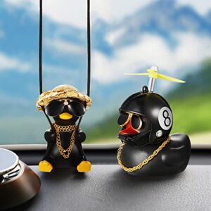 2 Pieces Swinging Duck Car Hanging Ornament Rubber Car Duck Car Ornament with Propeller Helmet Swing Duck Car Rear View Mirror Pendant Yellow Duck Car Dashboard for Car Decor(Black Style)