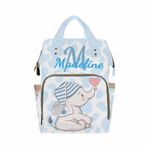 Personalized Blue and White Striped Hat and Elephant Diaper Bag with Name for Mommy Multi-function Children Backpack for School, Picnic, Camping and Hiking