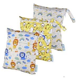 3 Pcs Cloth Diaper Wet Dry Bags Waterproof Reusable Travel Daycare Baby Pump Parts Bag for Swimsuits Clothes with Zipper (Duck + Lion + Rainbow)