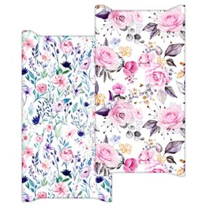 Baby Floral Diaper Changing Pad Cover, 2 Pack Infant Changing Table Mat Cover for Baby Girls Nursery Diaper Changing Cradle Mattress Sheets, Ultra Soft Jersey Knit