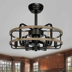 KARRYON Farmhouse Ceiling Fan with Light, 20″ Caged Rustic Chandelier Ceiling Fan Light Fixture with Remote Control Reversible Motor, Black Bladeless Ceiling Fan For Bedroom Living Room, 6*E12
