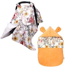 Floral Baby Car Seat Canopy Soft Minky Plush Dotted Backing Baby Car Seat Cover Girls, Baby Sleeping Bag for Stroller, Warm Toddler Stroller Bunting Bag