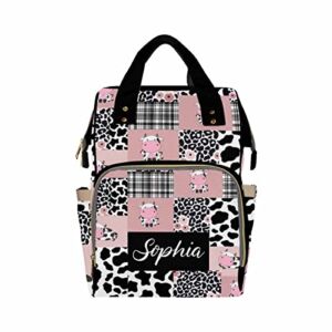 Personalized Diaper Backpack for Mom Cow with Black and White Leopard Print Diaper Bag with Name Nappy Bags Travel Shopping Casual Mommy Backpack for Mom