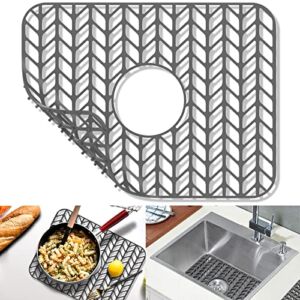 GUUKIN Sink Protectors for Kitchen Sink, 16 3/16”x 12 1/2” Silicone Kitchen Sink Mat Grid for Bottom of Farmhouse Stainless Steel Porcelain Sink with Center Drain (Grey)