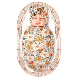 Baby Girl Newborn Receiving Blanket with Headband Set Baby Swaddle Floral Motif Nursery Swaddle Wrap