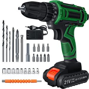 Cordless Drill Driver Set 21V, Power Drill Cordless 23PCS with Batteries 1500mAh, 25+1 Torque Hammer Drill, 3/8″ Chuck, 2 Speed, 0-600 RPM/0-1300 RPM Variable Speed, LED Light for Home