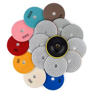 16Packs Diamond Polishing Pads Set, 4inch Dry/Wet Polish Pad Kit , 50#-10000# Grit Pads with Back Holder, for Drill Grinder Polisher, FOR Granite Concrete Countertop Marble Stone(size:16pcs/set)