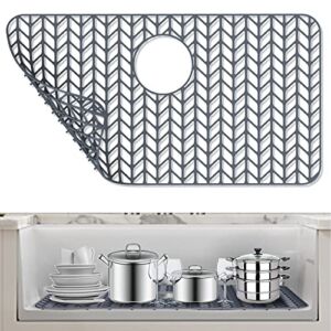 AWOKE Silicone Sink Protectors for Kitchen, 26”x 14” Folding Non-slip Sink Mat Grid for Bottom of Farmhouse Stainless Steel Porcelain Sink with Rear Drain (Grey)