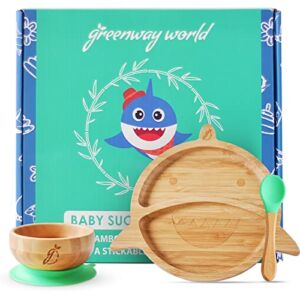 Silicon Suction Set Plate with Bowl & Spoon for Babies & Toddlers | Shark Themed 100% Bamboo Eco-Friendly, Non-Toxic & BPA Free | Dishwasher and Microwave Safe | by Greenway World