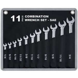 11-Piece SAE Combination Wrench Set in Roll-up Pouch, Non-Skip Inch Sizes 1/4 to 3/4” | Chrome Vanadium Steel with Mirror Finish | Ideal for General Household, Garage Workshop, Auto Repairs and More