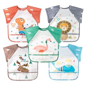 R HORSE 5Pcs Short Sleeved Bib for Baby Toddlers Waterproof Sleeved Bib with Crumb Capacity Pocket Animals Baby Bib Infants Feeding Bib with Deer Flamingo Lion Pattern for Baby Shower Age 0-36 months