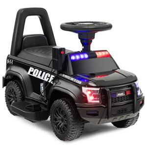 Costzon Ride on Car, 6V Battery Powered Police Car with Side Megaphone, Horn, Flashing Light & Siren Sound, Wide Footrest, Underseat Storage, Electric Car for Kids 18-60 Months (Black)