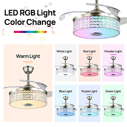 Modern Indoor LED Ceiling Fan with Light Remote Control, 42 Inch Bladeless Bluetooth Ceiling Fan with Pendant Light for Home Decor, 6 Speed RGB Light Color Change 4 Timers, Silver | The Storepaperoomates Retail Market - Fast Affordable Shopping