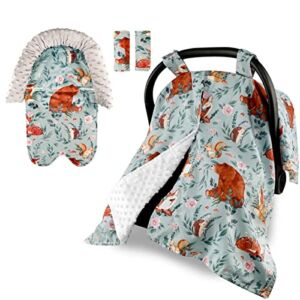 Peekaboo Opening Car Seat Cover for Babies & Carseat Headrest Strap Covers, Minky Carseat Canopy Head Support & Seat Belt Cover, Woodland Animals
