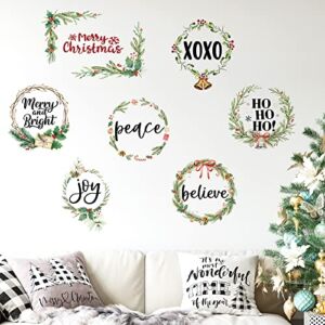 7 Pcs Merry Christmas Wall Decal Wreath Vinyl Wall Sticker Bells Berries Peel and Stick Wall Decals Xmas Peace Joy Wall Art Decor Large Christmas Wall Decor for Living Room Bedroom Home Office Decors