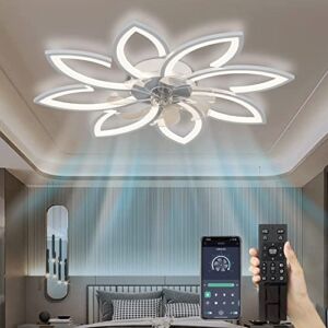 Modern Ceiling Fans with Lights Remote APP Control , Modern Flush Mount Dimmable Ceiling Fans Light for Kids Room Bedroom, White Low Profile Flowers Shape 6 Gear Wind Speed Timin