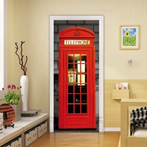 Door Sticker Decal Removable Peel and Stick Wallpaper, London Red Phone Booth Wall Mural for Door Art Decor